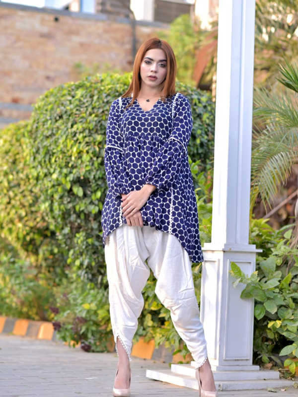 2 Pc linen printed short frock with laces - Image 6