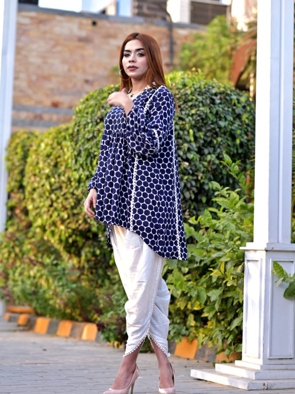 2 Pc linen printed short frock with laces - Image 2