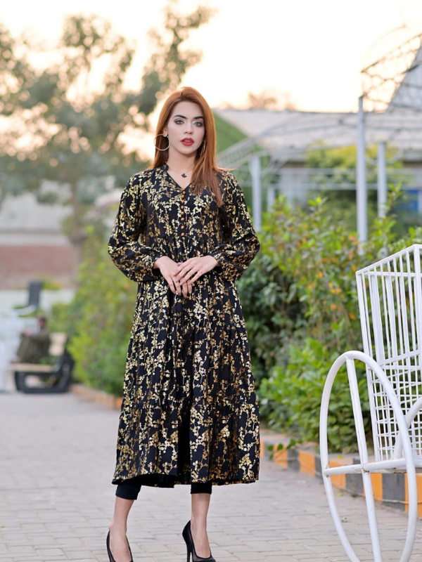 1 Pc Glitter Linen frock in premium quality