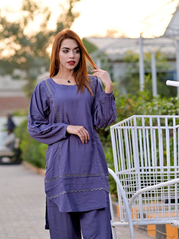 2 Pc stylish linen dress with laces - Image 2