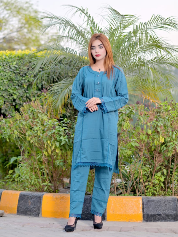 2 Pc stylish linen dress with laces - Image 5