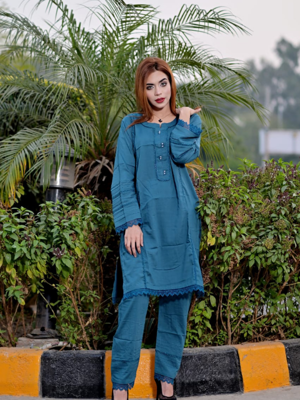 2 Pc stylish linen dress with laces - Image 6