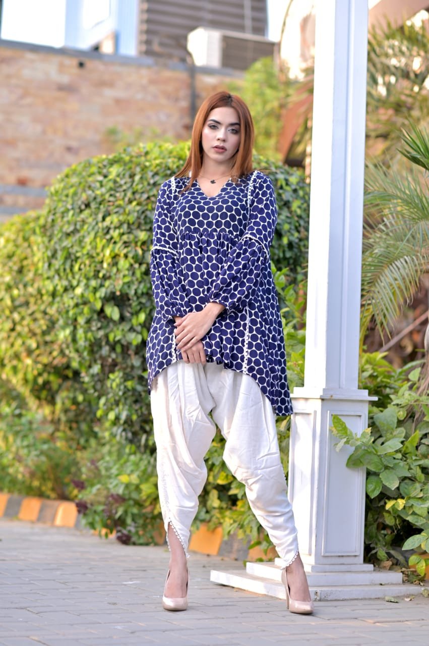 2 Pc linen printed short frock with laces